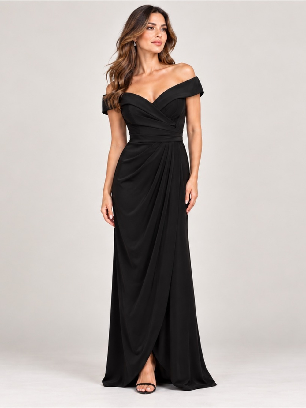 La Femme Black Off Shoulder Ruched Formal Maxi Gown Dress Size 12